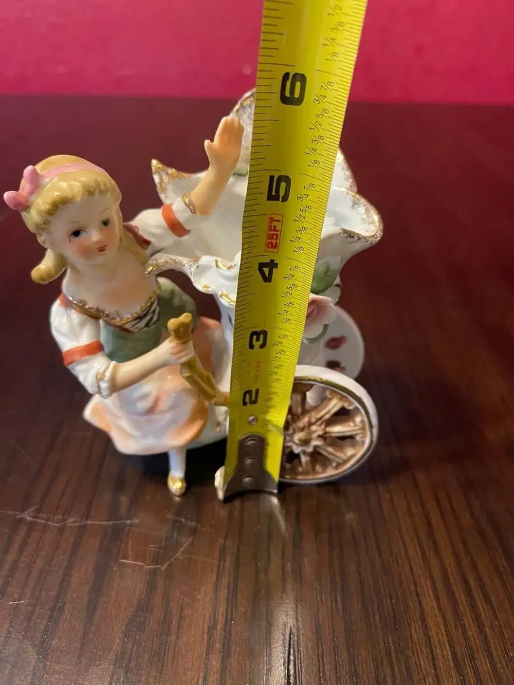 Vintage Porcelain Girl Pushing Floral Carriage Spill Vase Planter